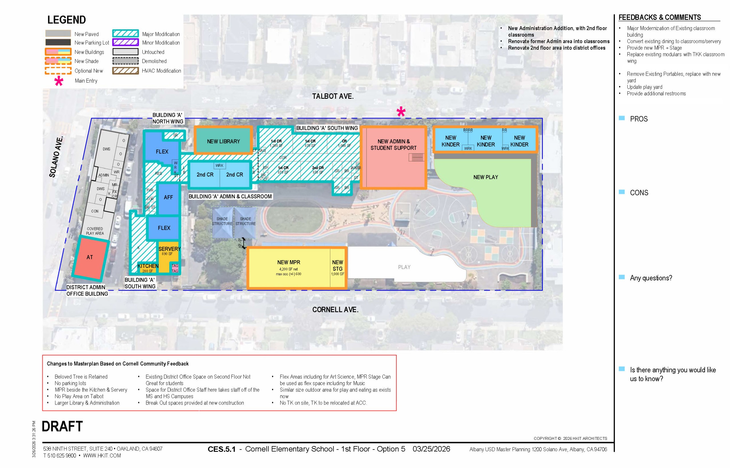 Revised master plan for the first floor of Cornell Elementary School showing the features described above