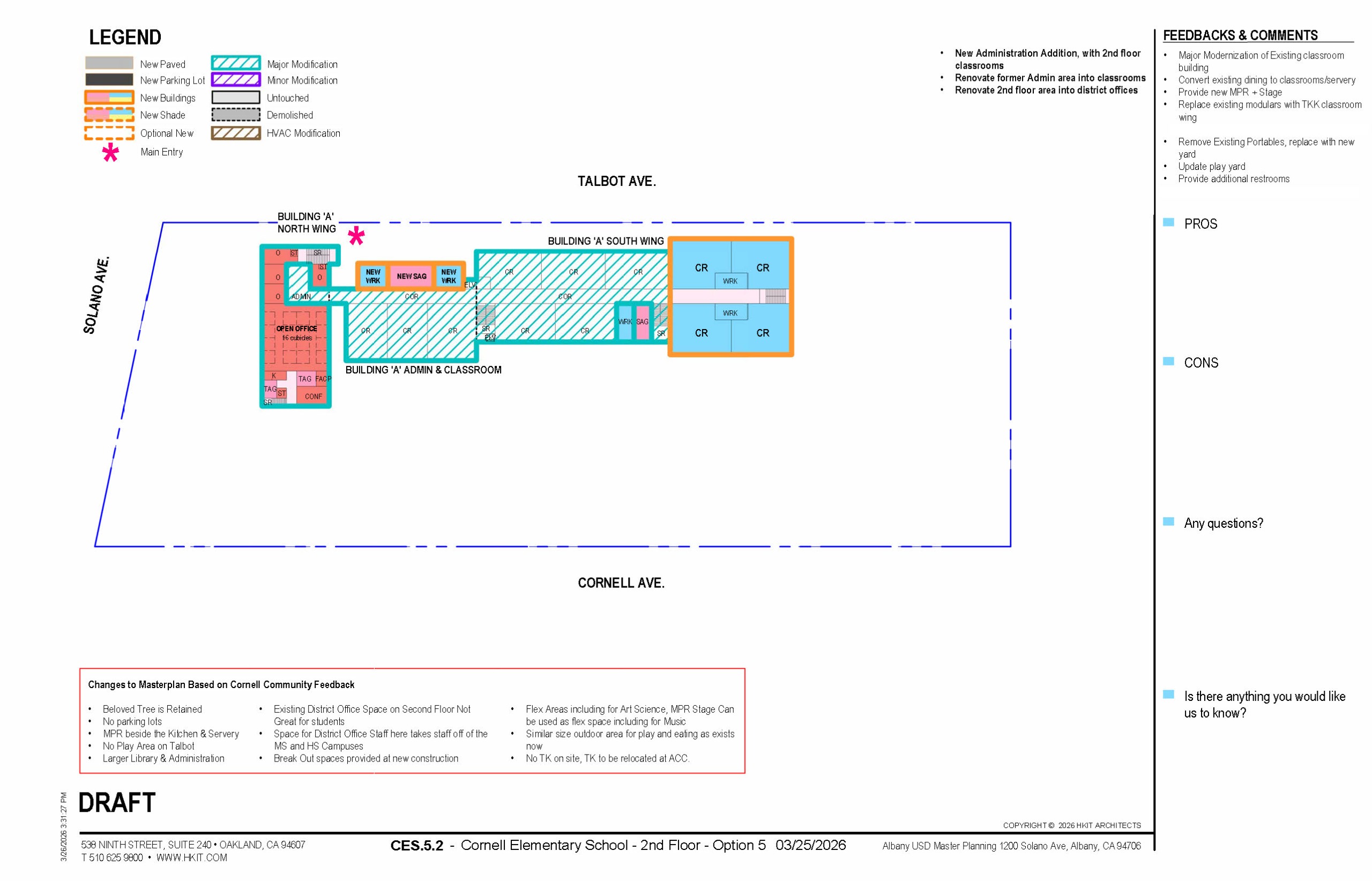 Revised master plan for the second floor of Cornell Elementary School showing the features described above