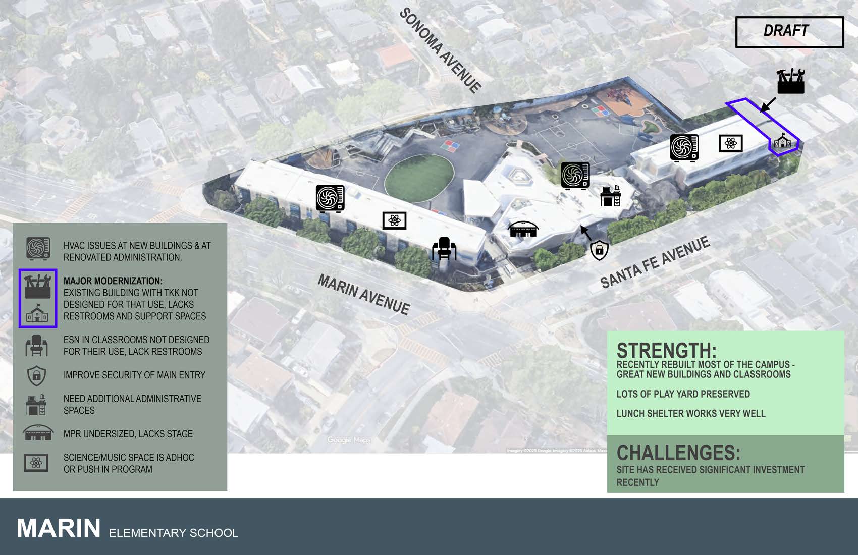 Aerial picture of Marin Elementary School showing that most of the buildings are recently rebuilt and that there are still some needs, such as addressing security and ventilation. 